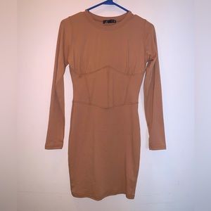 (6) Missguided Cream/Tan Long Sleeve Dress with Cinched Waist